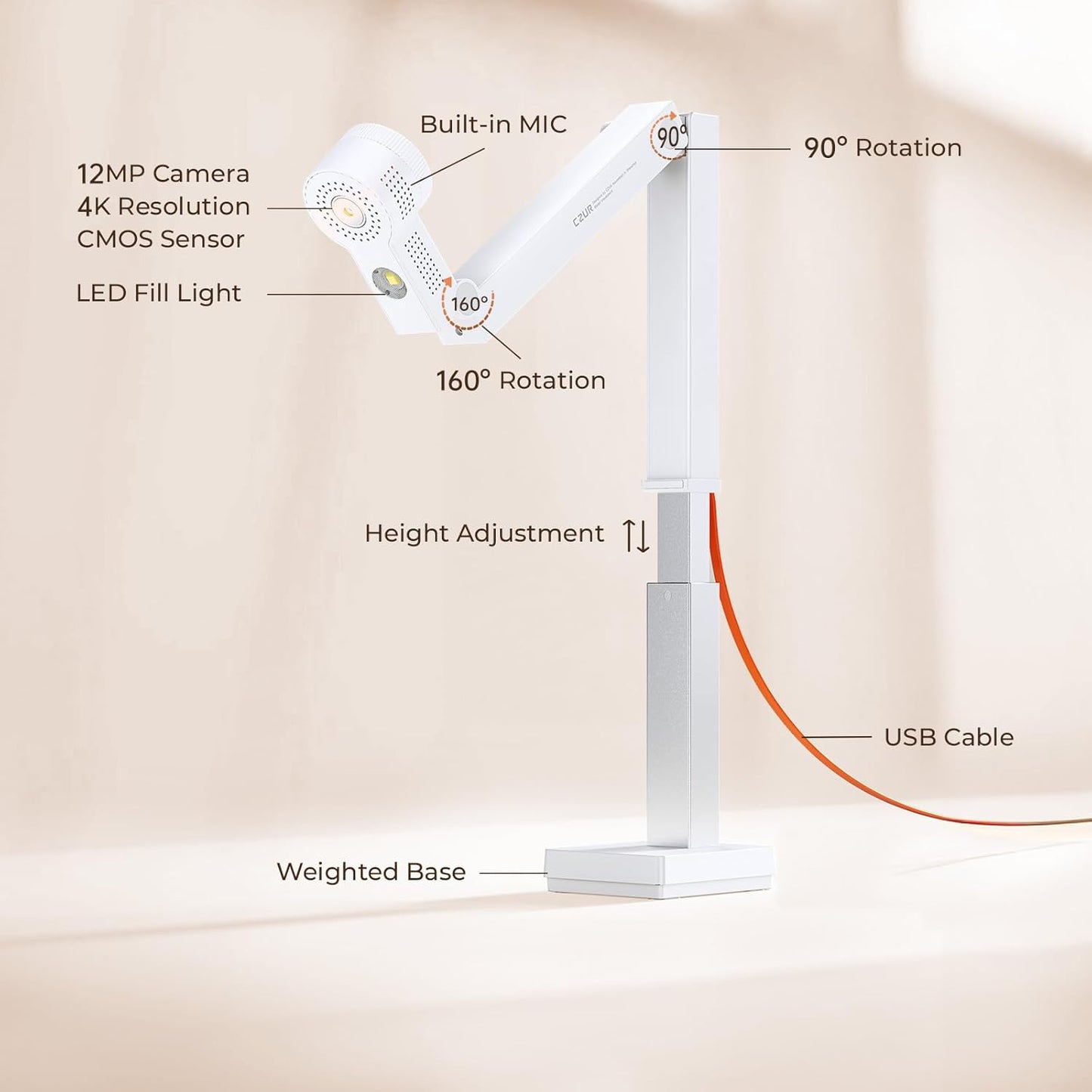 CZUR Fancy S Pro USB Document Camera for Teacher, 12MP 4K Webcam with Microphone and LED Light, Up to 60fps, Auto Focus, for Remote Teaching, Web Conference, for Mac and Windows, White