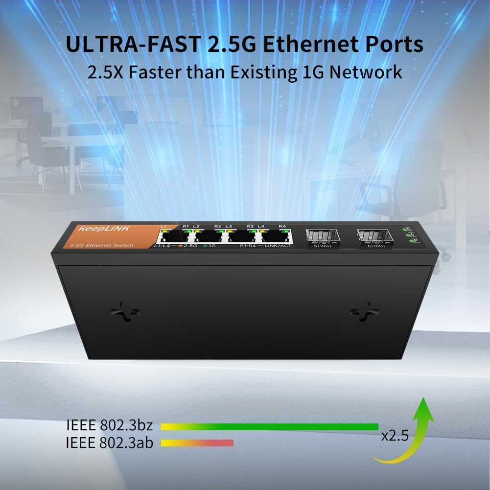 6-Port 2.5G Switch Unmanaged, 4 x 2.5GBASE-T Ports & 2 x 10GBASE-T SFP Slots, 60Gbps Switching Capacity, Plug & Play/Wall Mountable/Fanless Metal, Compatible with 1000Mbps Devices