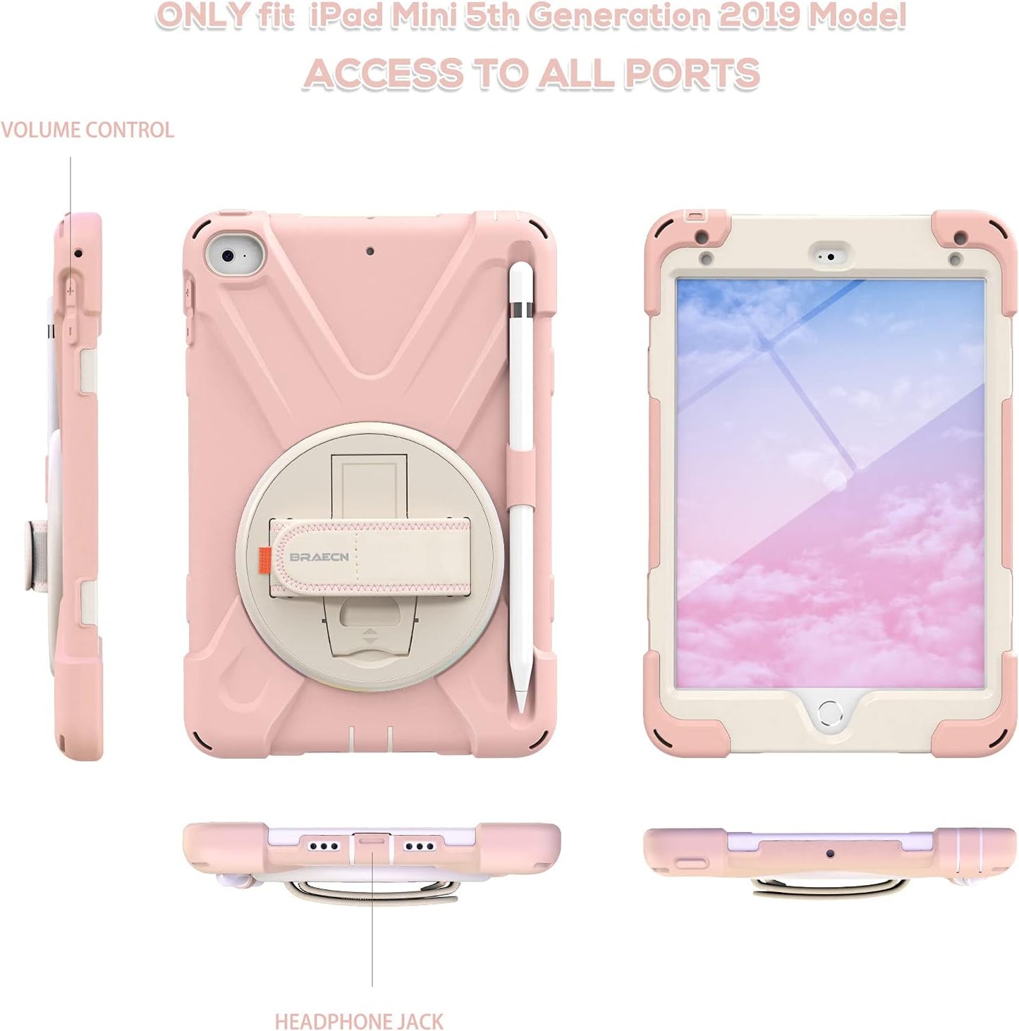 BRAECN iPad mini 5 Case,iPad mini 4 Case, Heavy Duty Shockproof Protective Rugged Case with Pencil Holder,Hand Strap,Kickstand, Shoulder Strap for iPad mini 5th/4th Generation 7.9 Inch for Kids
