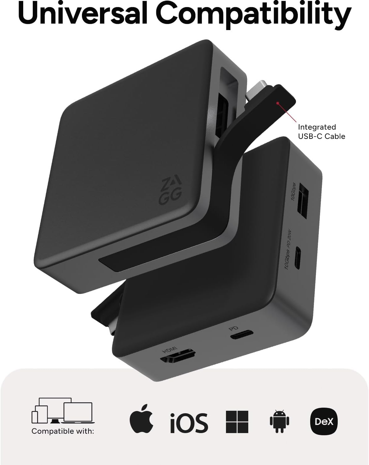 ZAGG 4-Port Hub - Versatile USB-C PD, USB-A HDMI Adapter, High-Speed Charging & 4K Display Support, Compact for Travel, Compatible with Windows, macOS, iPadOS, ChromeOS, Android