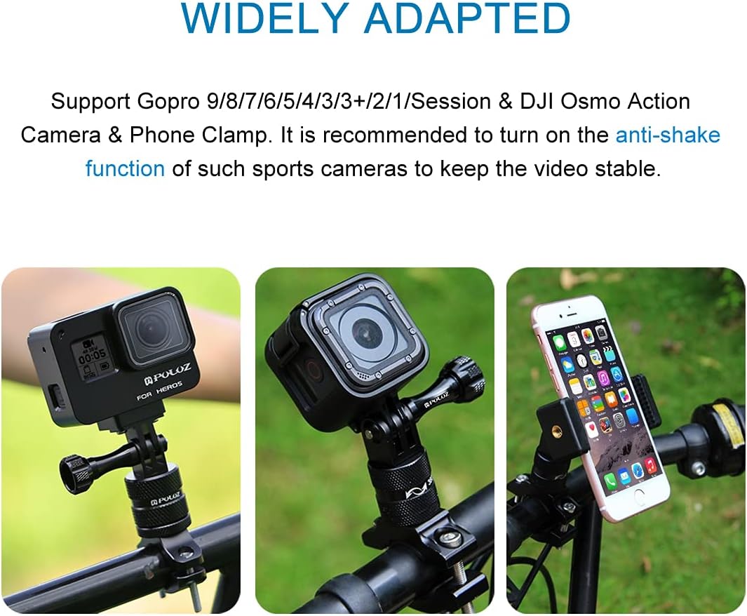 PULUZ Bike Camera Handlebar Mount for Gopro Hero 12/11/10/9/8/7/6 Bike Motorcycle Mount Clip, 360 Degree Rotation Aluminum Bicycle Bracket for DJI OSMO Action&Xiaoyi Camera