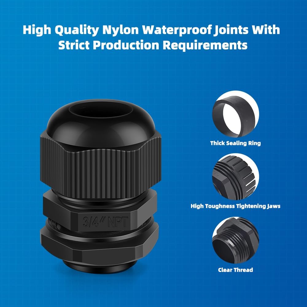 Cable Gland 12 Pack 3/4" NPT Waterproof Adjustable Connector Strain Relief Cord Connectors Joints Nylon with Gaskets…