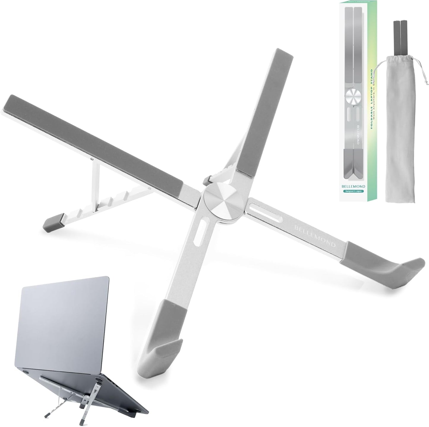 BELLEMOND | X-Shape Laptop Stand – Adjustable Aluminum Riser, 5 Height Levels, Lightweight & Foldable, Ventilated, for Laptops and Tablets up to 17.3" | Space Silver
