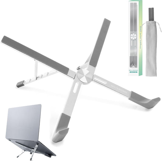 BELLEMOND | X-Shape Laptop Stand – Adjustable Aluminum Riser, 5 Height Levels, Lightweight & Foldable, Ventilated, for Laptops and Tablets up to 17.3" | Space Silver