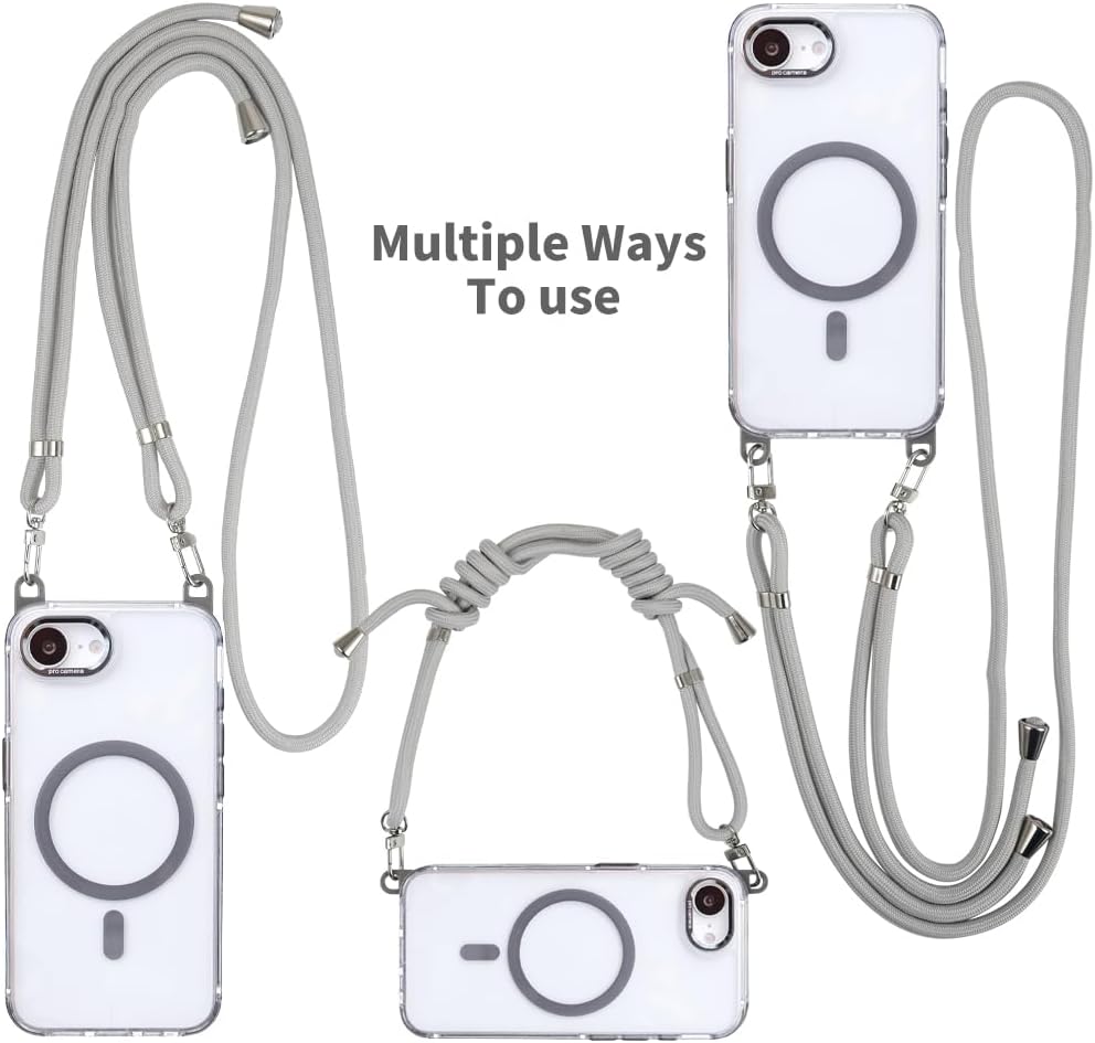 for iPhone 16e Case with Adjustable Phone Lanyard Strap, Compatible with MagSafe, Shockproof Military-Grade Protection, Magnetic Phone Case, Classic Clear Gray Hybrid Case, Yellowing Resistant