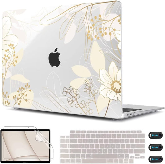 CISSOOK for MacBook Air 13 inch Case 2021 2020 2019 2018 Release Model A2337 A2179 A1932 with Retina Display +Touch ID, Plastic Hard Shell Case + Keyboard Cover for MacBook Air 13 M1, Golden Flowers