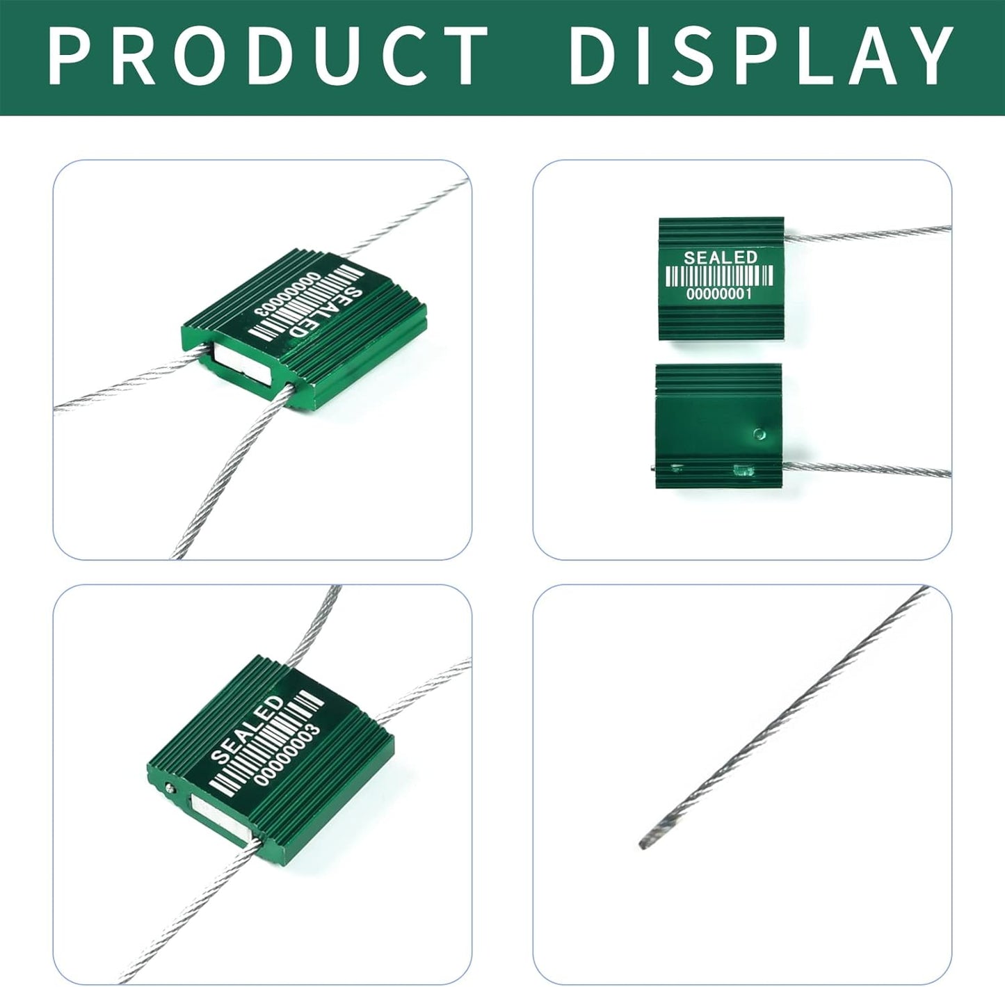 50 Green High Security Cable Seals with Barcode Pull Tight Numbered Steel Security Seals Metal Container Seals Anti-Tamper Shipping Self-Locking Tags for Logisitics ISO 17712 Certificated