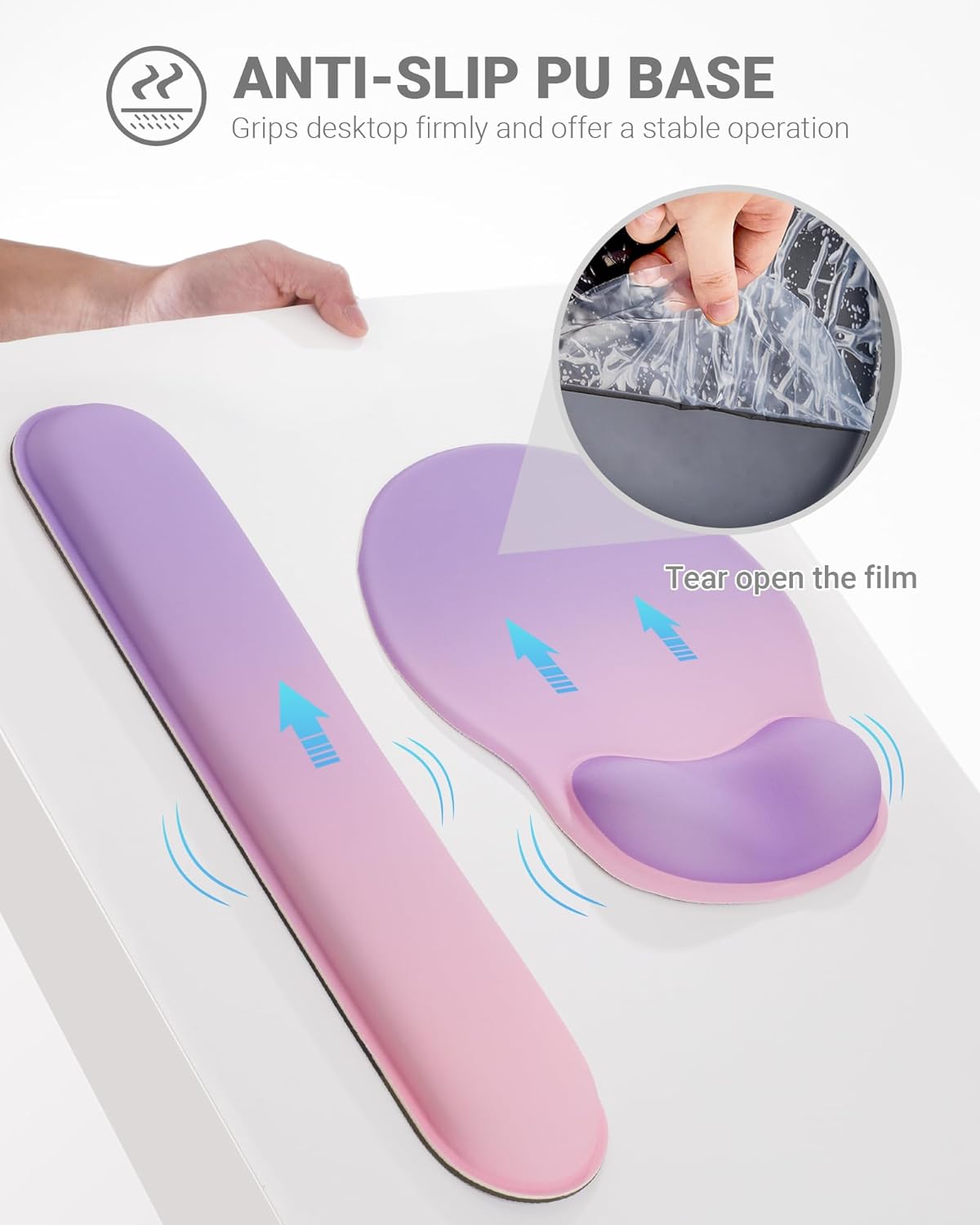 Ergonomic Mouse Pad Wrist Support Set, Memory Foam Keyboard Wrist Rest Set, Keyboard Pad, Non-Slip Base Mousepad(Gradient Pink Purple Set)