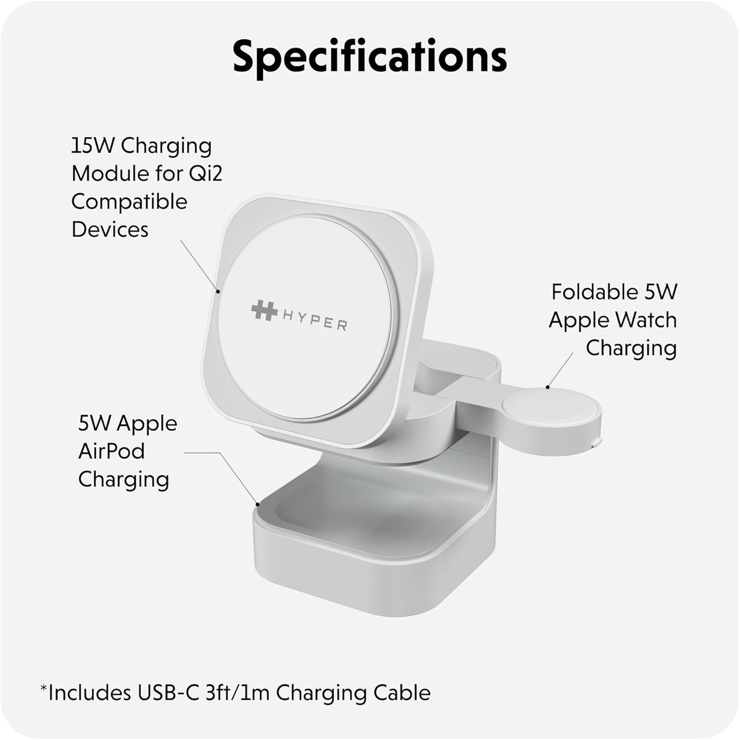 HyperJuice 3-in-1 Wireless Charger Qi2 Magnetic Stand — Fast Charger for iPhone, Apple Watch, Airpods, & Qi Compatible Devices — Compact and Adjustable 3 in 1 Design