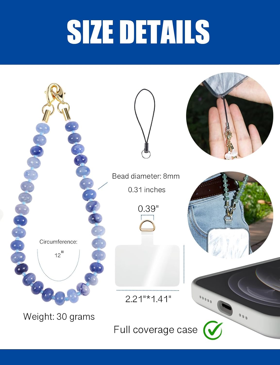 Handmade Natural Gemstone Crystal Beaded Charm Cell Phone Camera Lanyard, Hands-Free Wrist Strap, Phone Chain String, Keychain Decor for Walle (Blue Aventurine﻿)