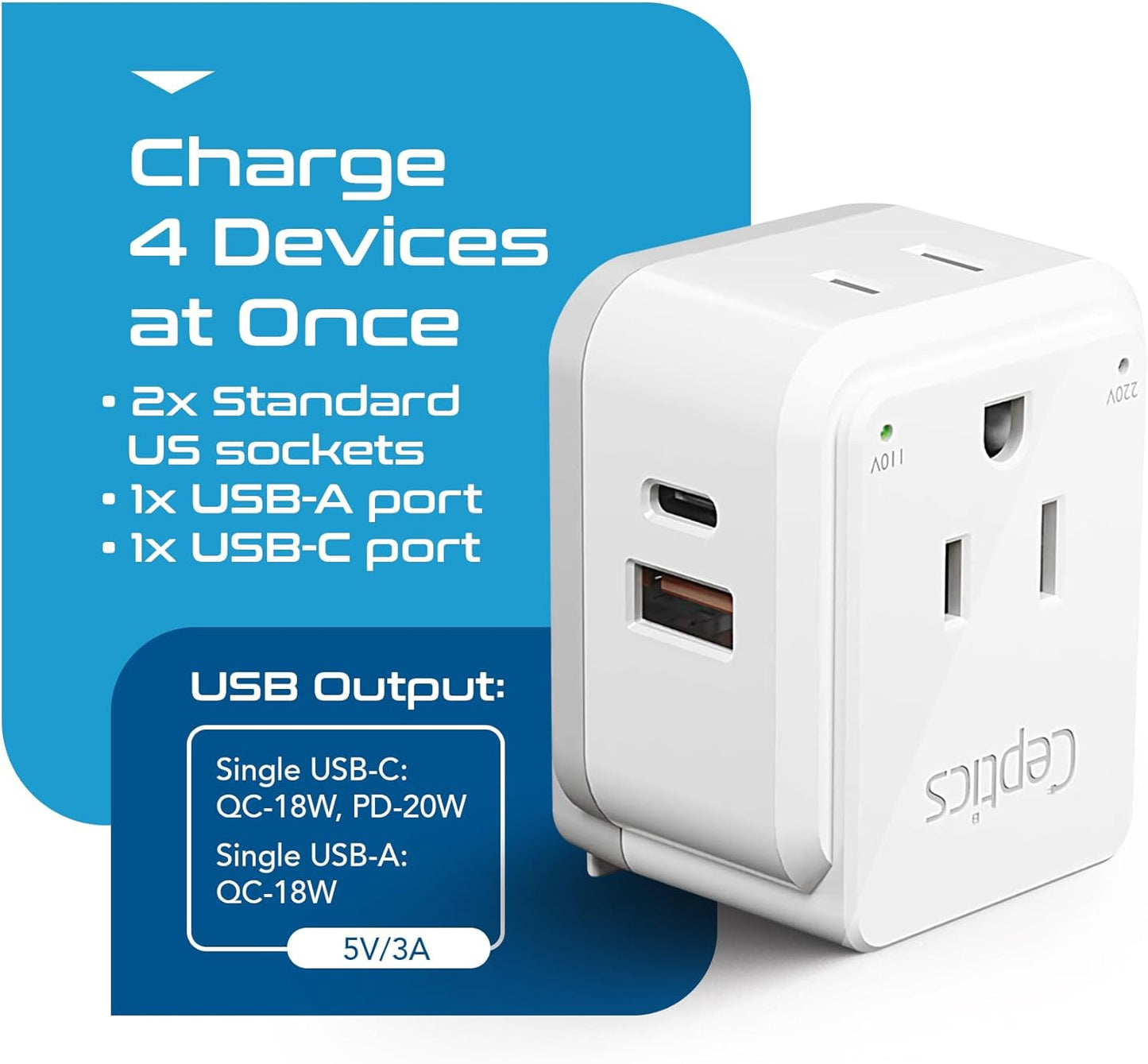 Ceptics UK, Ireland Power Adapter Travel, Safe Dual USB & USB-C 3.1A - 2 USA Socket - Compact & Powerful - Use in Hong Kong, England, Dubai, Saudi Arabia - Includes Type G Swadapt Attachments