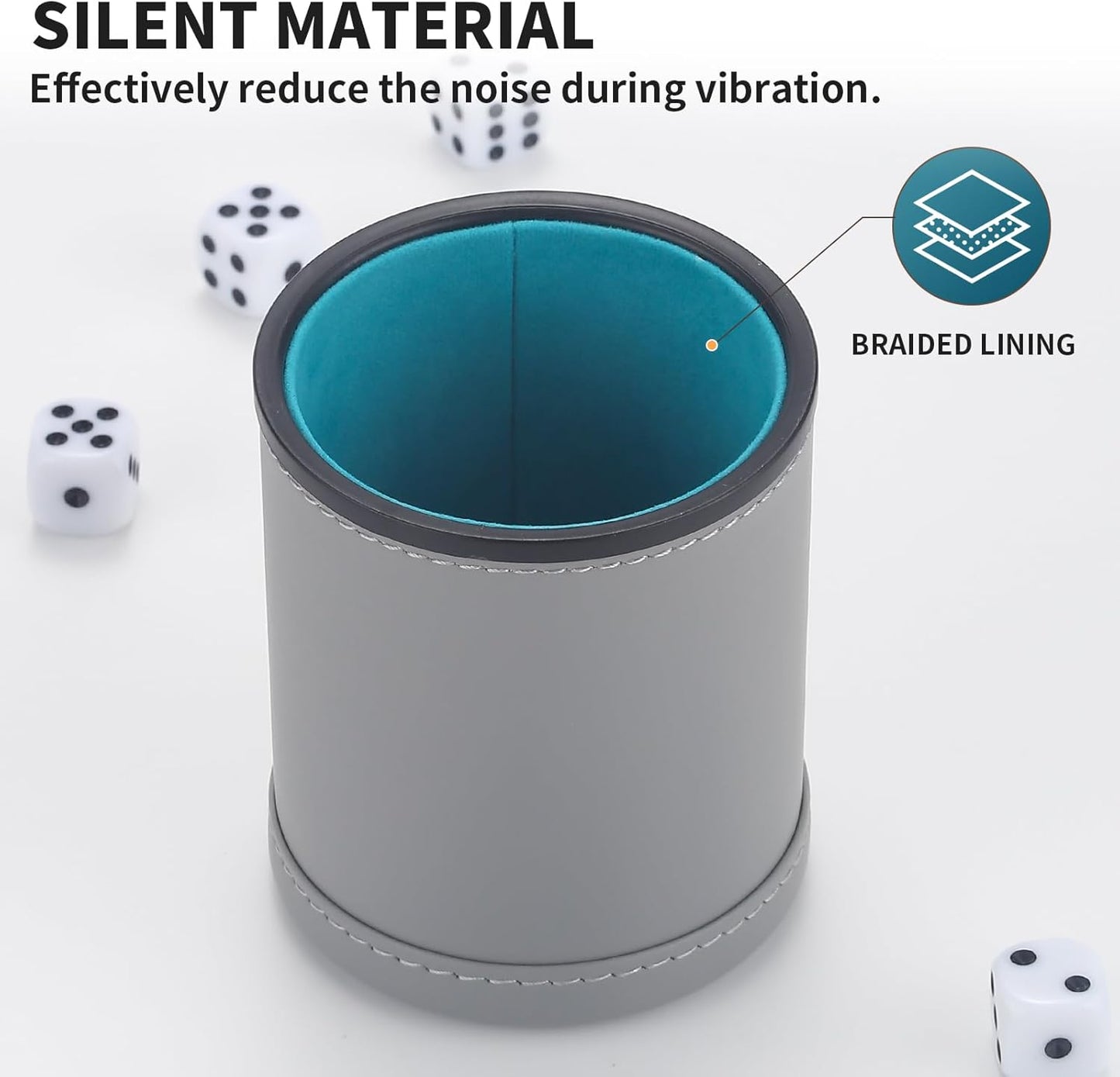 5 Pack PU Leather Dice Cups Velvet Felt-Lined Shaker Cups with 30 Dot Dice for Bar Party Yahtzee Farkle Dice Games, Grey