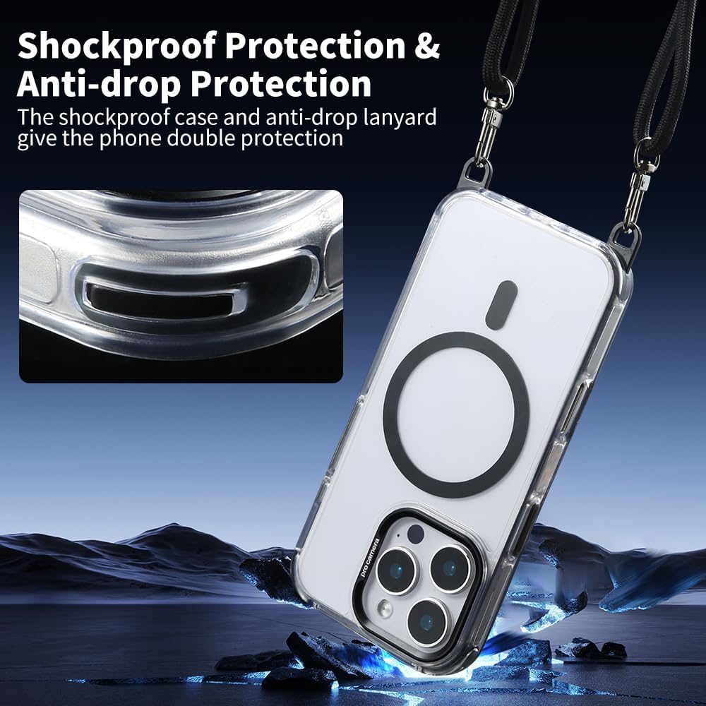 for iPhone 16 Pro Case with 62.99 inch Lanyard, Classic Clear&Black Magnetic Phone Case, Drop&Shockproof Protection Cases, Phone Lanyard for Around The Neck, Compatible with Magnet Accessory