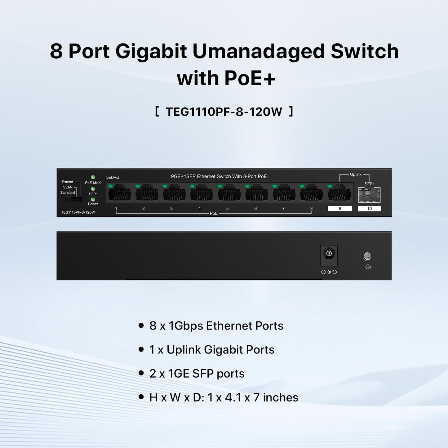 Tenda TEG1110PF Unmanaged PoE Switch with 8 Port PoE+@120W, 8 Port Gigabit PoE Compatible with IEEE 802.3af/at Devices, w/ 1 Uplink Gigabit Port & 1 SFP Slot, Limited Lifetime Protection