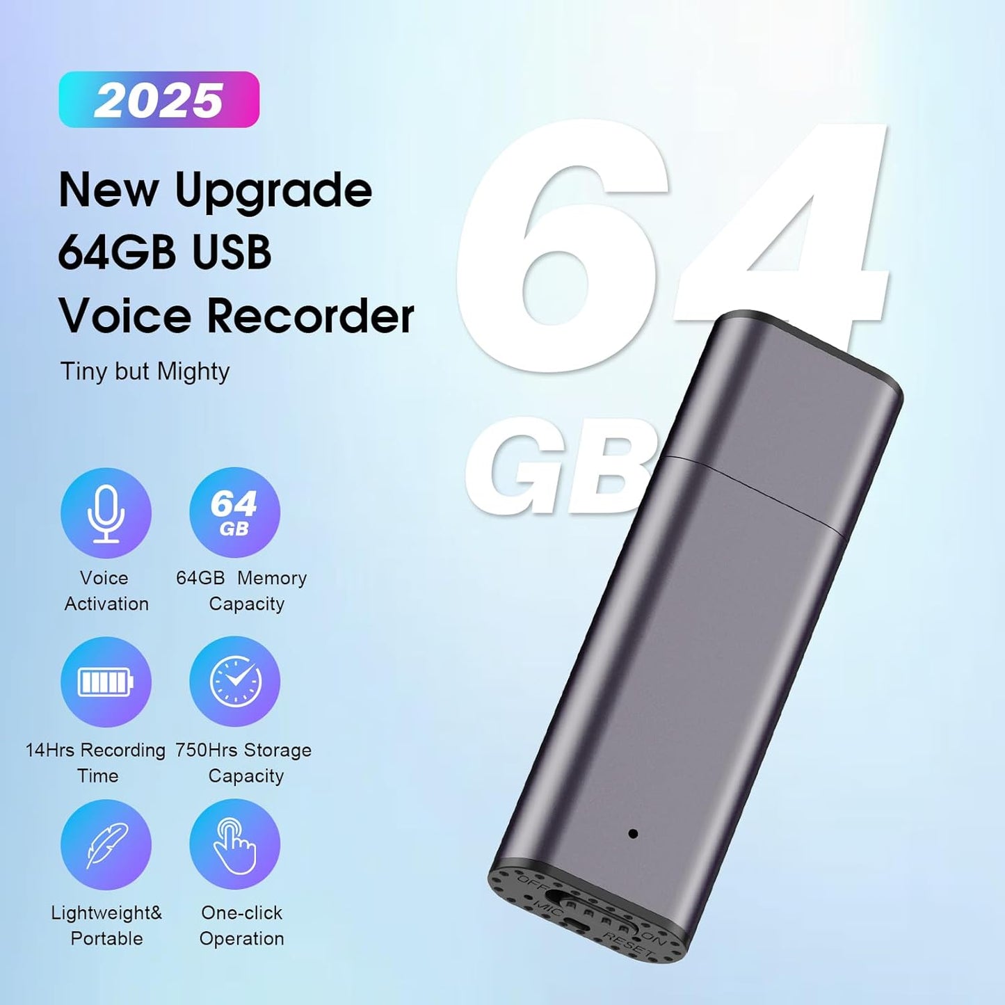 64GB Voice Recorder Digital Voice Activated Recorder USB Recording Device with Noise Reduction Rechargeable 750Hrs Small Pocket Audio Recording Devices for Lectures, Interview, Meeting, Class