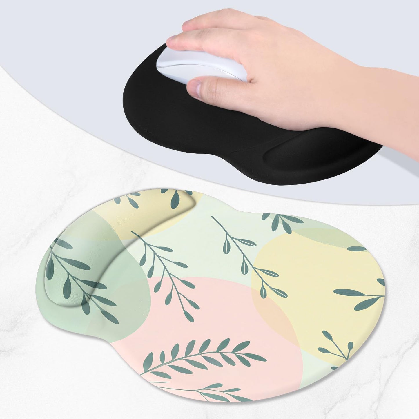 ITNRSIIET Ergonomic Mouse Pad with Comfort Gel Wrist Rest, Non-Slip PU Base, Smooth Textured Surface, Reduces Hand Fatigue & Wrist Pain, 8.7 x 7.2 Inch for Office Gaming Home, PastelFoliage
