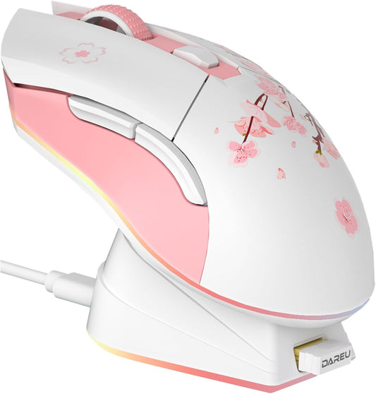DAREU Sakura Pink Wireless Gaming Mouse with Charging Dock Rechargeable RGB,12K DPI,6 Programmable Buttons High-Precision Sensor [300IPS] [1000Hz] for PC Notebook Mac