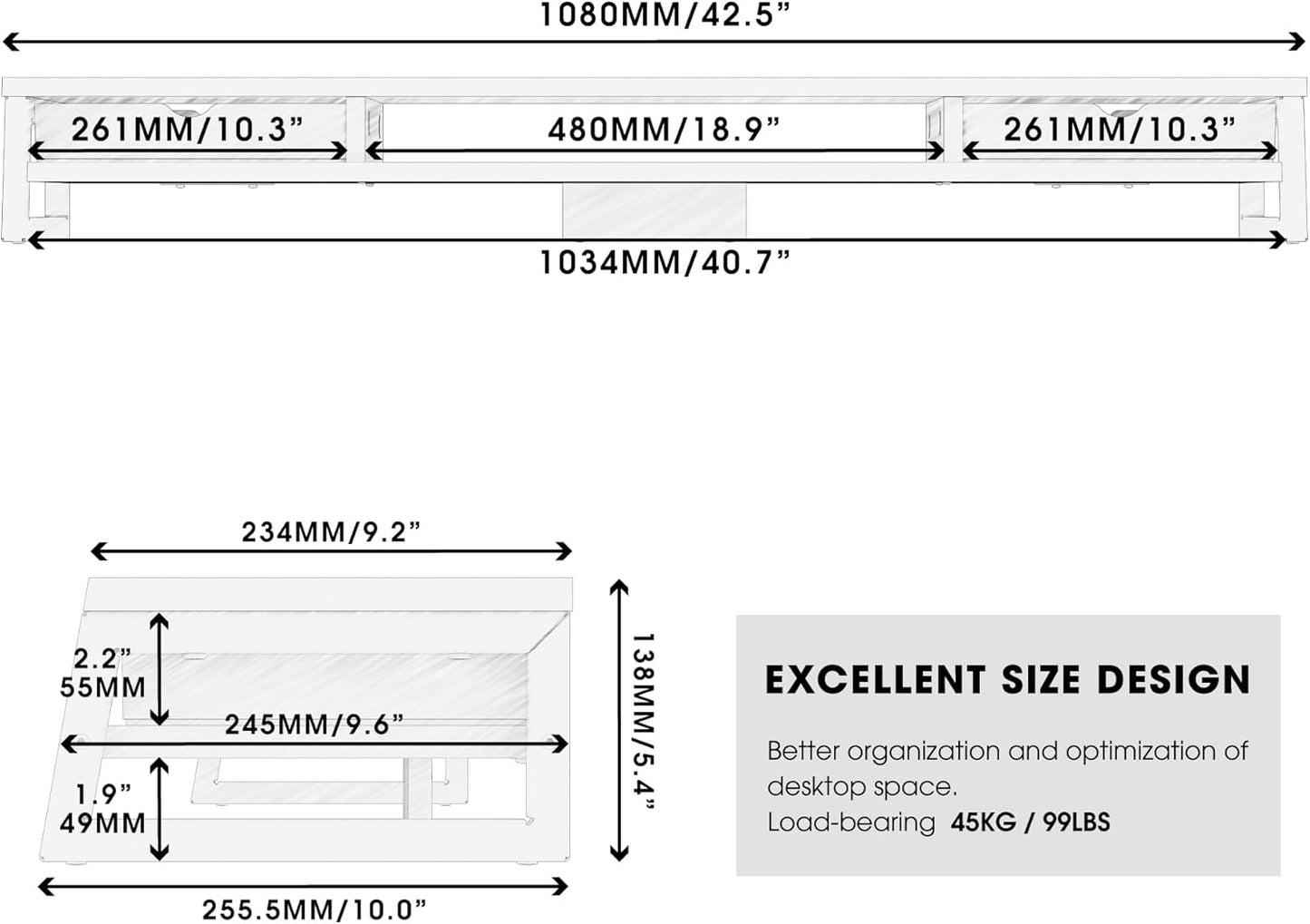 Fenge Dual Monitor Stand, Monitor Riser with Drawer, 42.5 Inch Large Computer Monitor Stand for 2 Monitors, 2 Tier Wooden Desk Shelf for Top of Desk