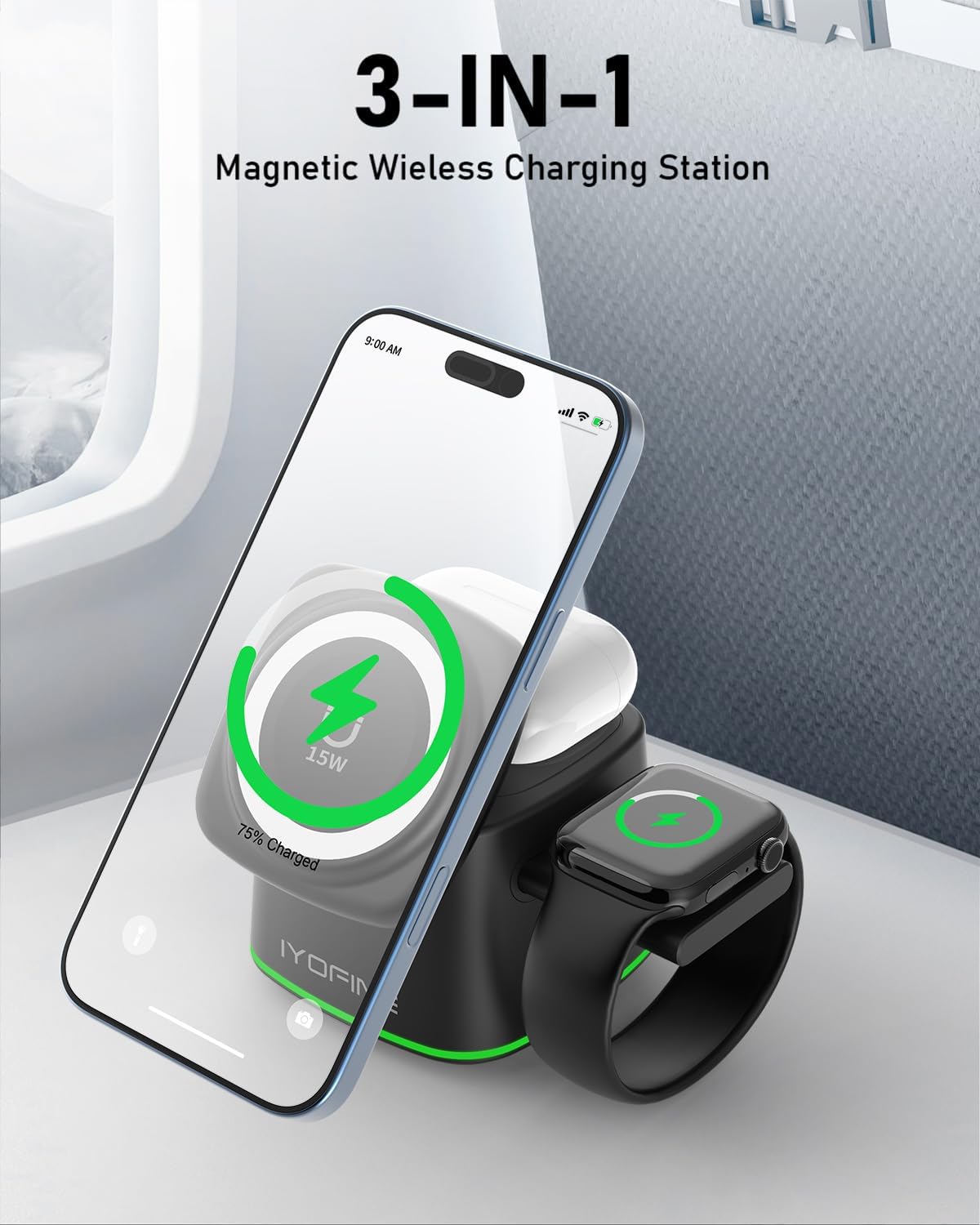 3 in 1 Charging Station for Apple Devices, Charger Stand for MagSafe, Qi2 15W Wireless Charging Station for Apple Watch& iPhone & AirPods& iWatch (with PD 30W Adapter)