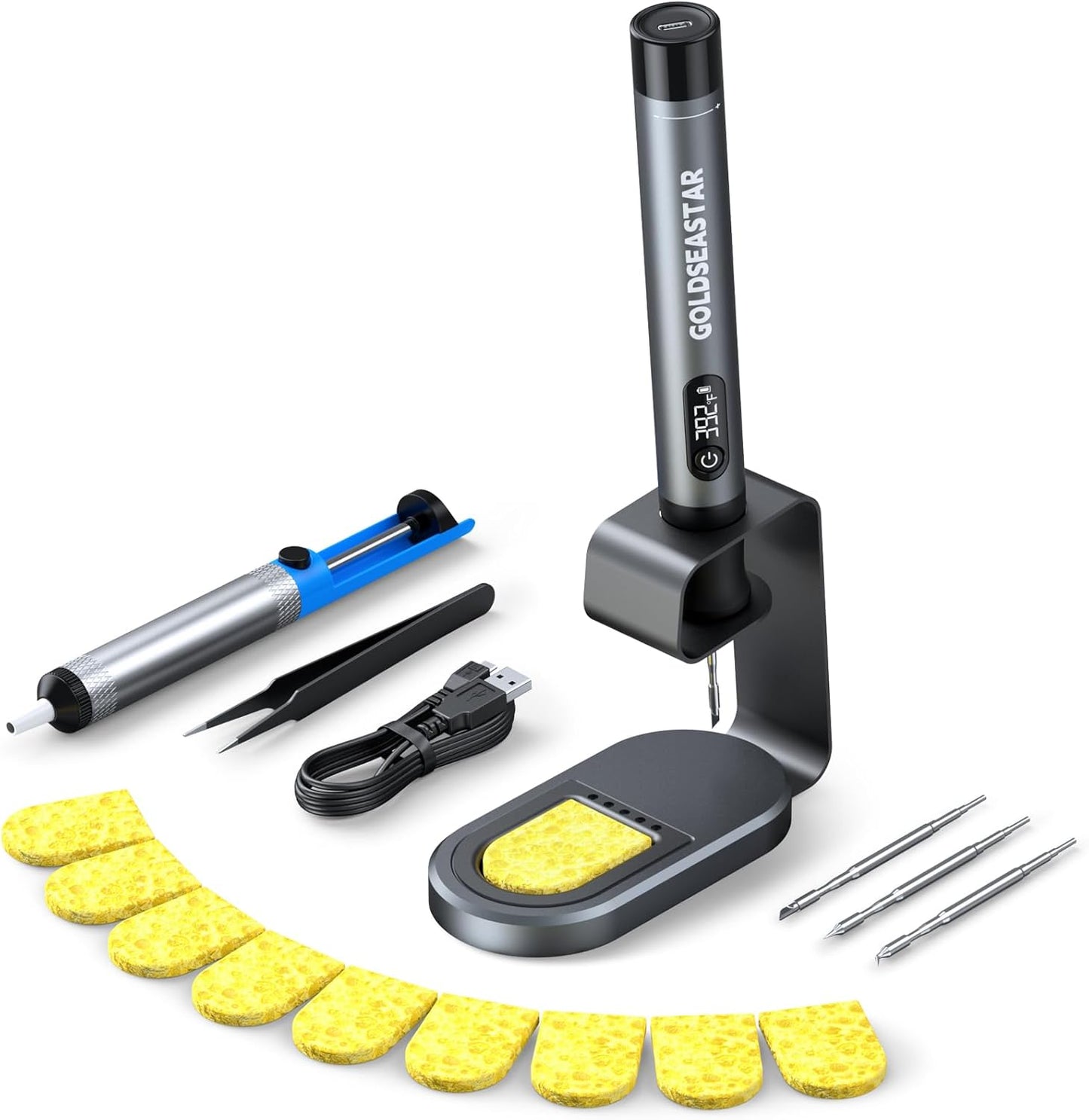Cordless Soldering Iron Kit - 7s Fast Heating & Auto Sleep, Portable USB-C Rechargeable Welding Pen with 3 Tips (392°F/200°C to 842°F/450°C) for Electronics Repair/DIY/Circuit Board, Gunmental