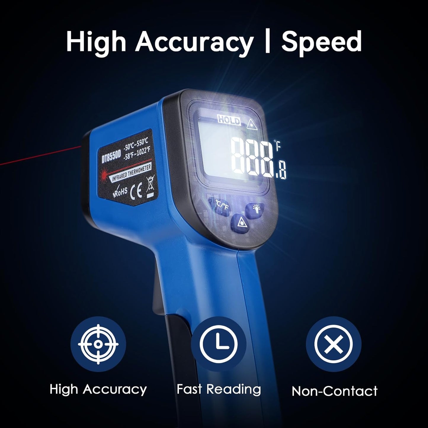 Infrared Thermometer Gun for Cooking, -58℉~1022℉, Digital Laser Temperature Gun for Deep Frying, Pizza, Blackstone, Reptiles, IR Thermometer with Carrying Storage Case, Larger Font, LCD Backlit, Blue