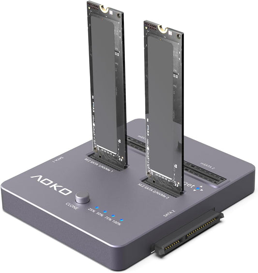 AOKO M.2 NVMe SSD Cloner, Dual-Bay 4-in-1 Hard Drive Duplicator/Reader, Supports M.2 NVMe/NGFF SATA, mSATA & SATA 2.5"/3.5" HDD,Offline Cloning Without PC
