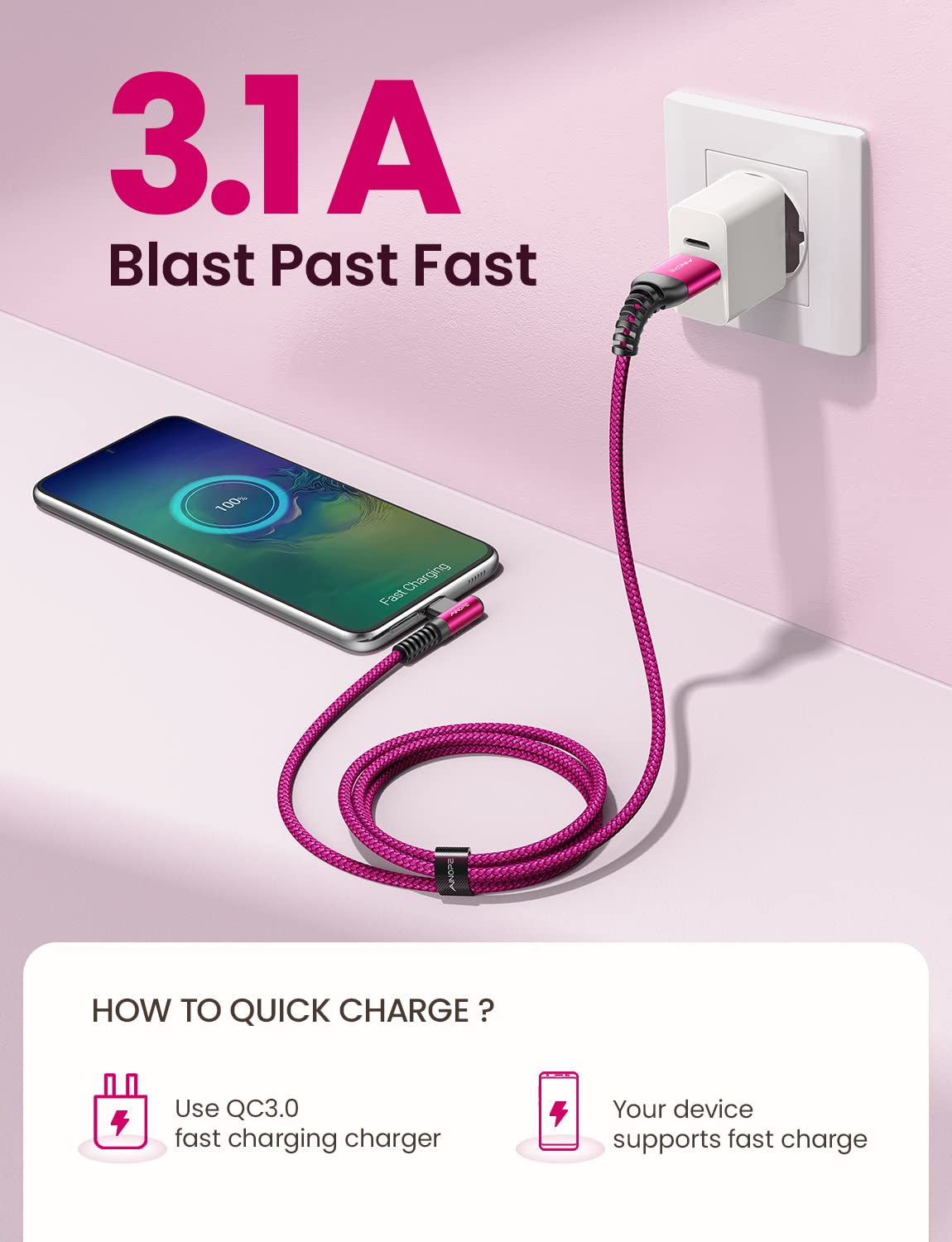 AINOPE Type C Cable [2-Pack, 6.6ft] 3.1A Type C Charger Fast Charging Right Angle, Resistant Nylon Braided S9 Charger Compatible with Galaxy S10 S9 Plus S21, Note 10 9 LG, USB C Cable