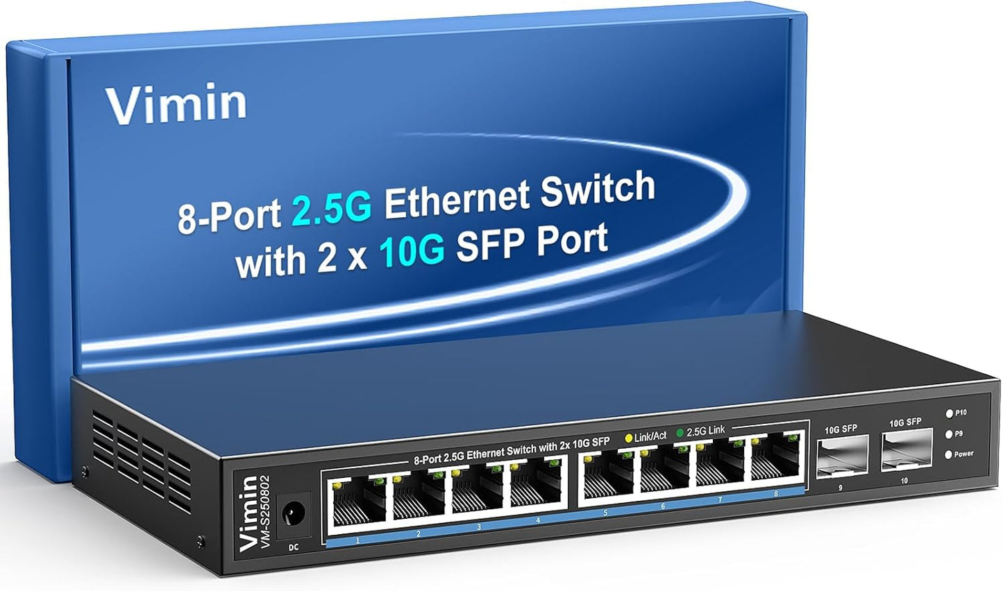 10 Port 2.5G Switch Unmanaged, VIMIN 8X 2.5G Switch Base-T Ports+2X 10G SFP Port, 80Gbps Switching Capacity, IEEE802.3, Metal Housing, Fanless, Work for 2.5Gbps NAS, Wireless AP & PC