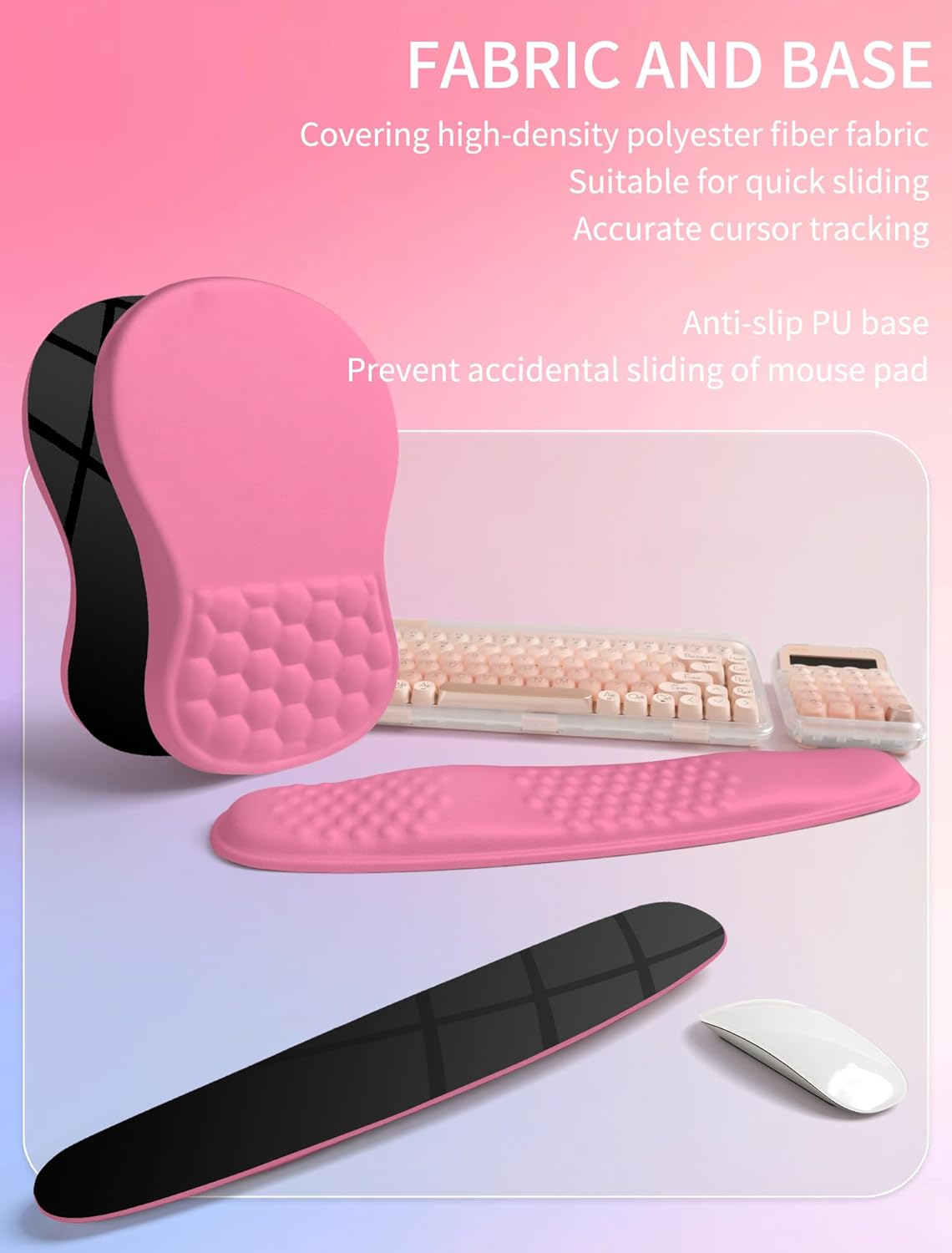 Hokafenle 2in1 Combination, Wave Keyboard Wrist Rest and Ergonomic Curvature Mouse Pad Wrist Support for Relieve Wrist Pain, Filled with Soft Cushion Memory Foam, Tough Guy Pink
