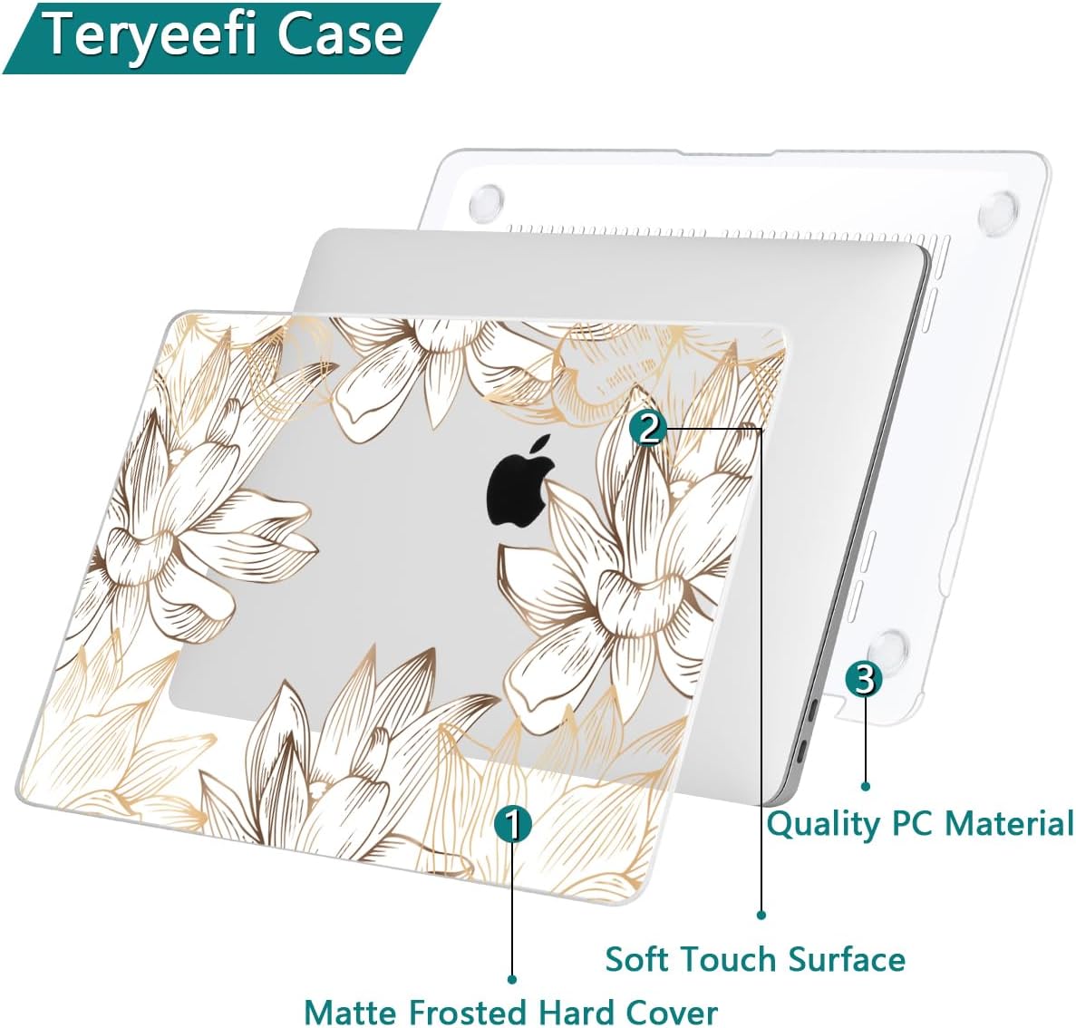 Teryeefi for MacBook Air 13 inch Case M1 2021 2020 2019 2018 Release (A2337 A2179 A1932 Retina Display with Touch ID), Plastic Hard Shell Case & Keyboard Cover & Screen Protector, W-Gold Flower Line