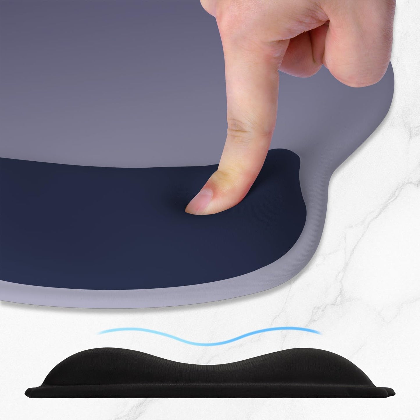 ITNRSIIET Ergonomic Mouse Pad with Wider Memory Foam Wrist Rest +17% - Curved Cushion Reduces Pressure 20%, Pain Relief, Non-Slip, Smooth, Cute Colors, 9.85 x 9 in, Gray Blue Gradient