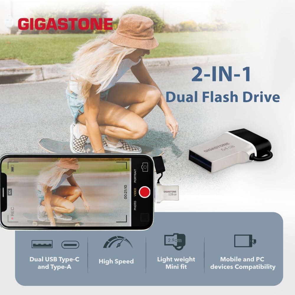 GIGASTONE 32GB Nano Luxus Dual Drive, Z50 USB 3.2 Gen 1, 2-in-1 USB-A & Type-C, 100MB/s Ultra Fast, Cap Design, Metal, Plug & Play for Smartphone/PC/Mac/TV/Car, 2.0/3.0/3.1 Compatible