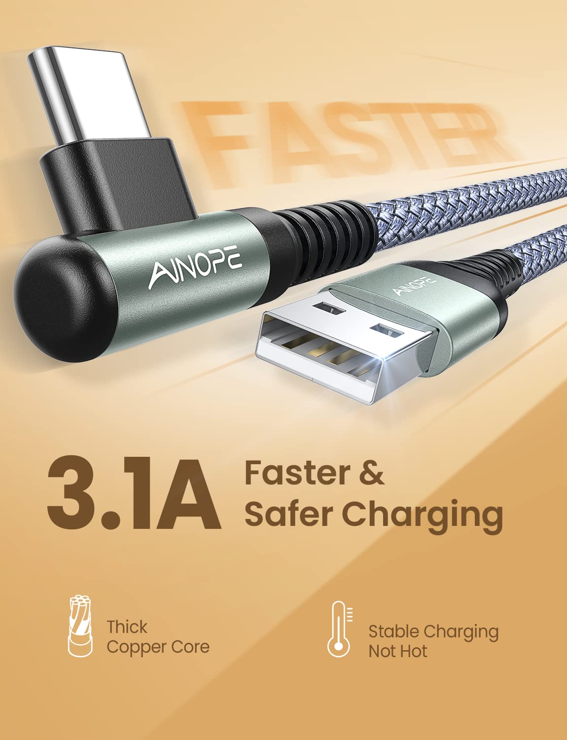 AINOPE USB Type C Cable [2-Pack, 6.6ft] 3.1A USB Fast Charge Cable Right Angle，Resistant Nylon Braided USB C Charging Cable Compatible with Galaxy S10 S9 S8 Plus S21, Note 10 9 8, V20