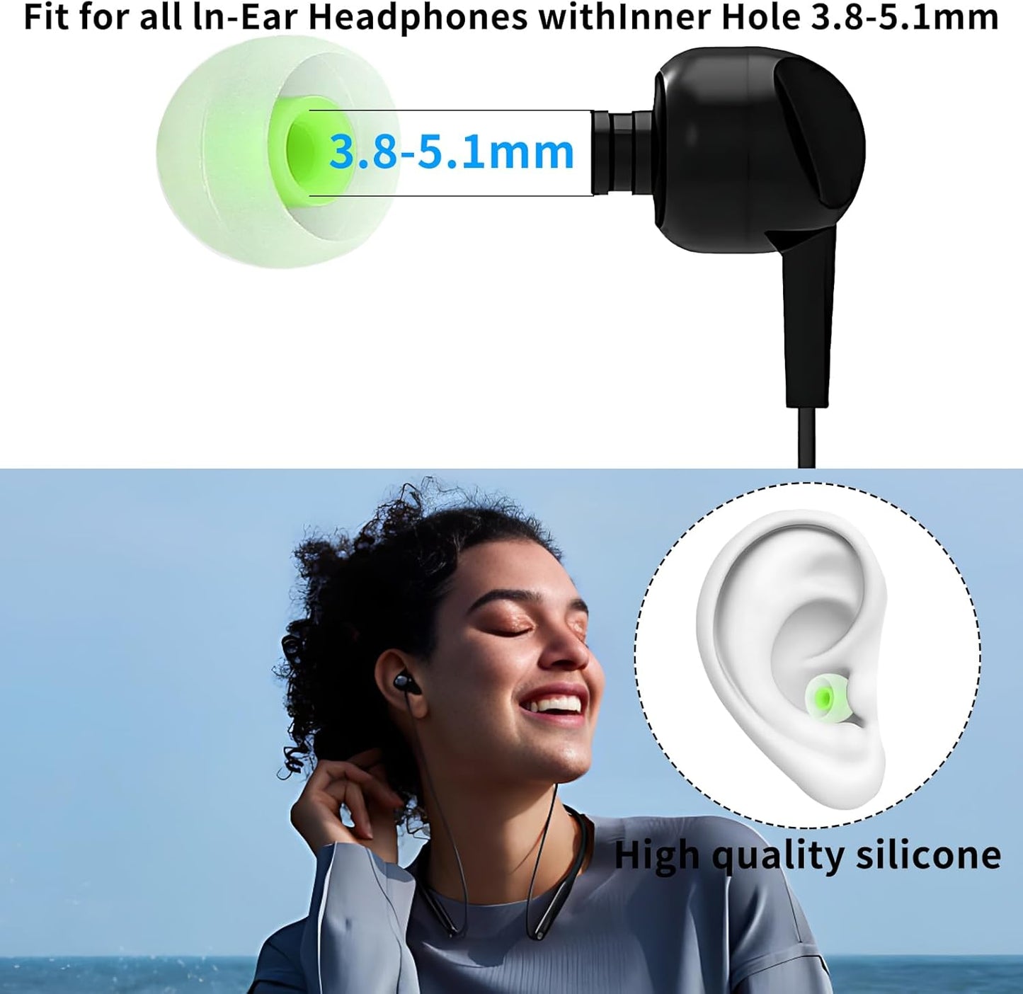 Earbud Tips Soft Anti Slip Washable Reusable Silicone Fit Most In-Ear Earbuds (Inner Hole 3.8mm-5.1mm) 18pcs S M L