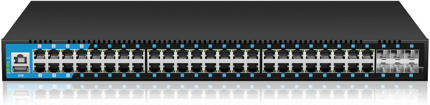 48 Port Gigabit PoE Switch Managed, with 48 PoE+ Ports @400W, 6 10G SFP Slots, IPv6 Static Routing, Desktop or Rackmount