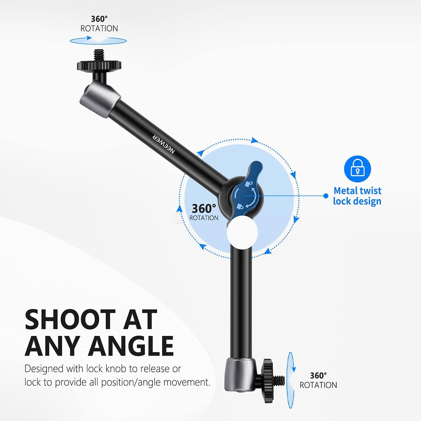 NEEWER 5.9"/15cm Adjustable Friction Magic Arm with 1/4" Screw on Both Ends, Compatible with SmallRig Cage, Flash/LED Light/Microphone/Monitor/SuperClip, Max Load 4.4lb/2kg, ST15