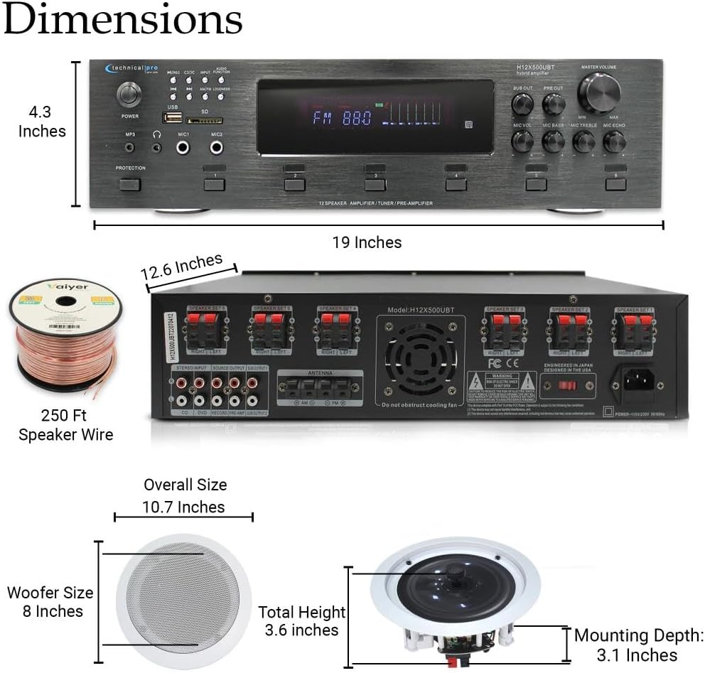 Home Theater System Kit - 6 Channel 6000 Watts Bluetooth Amplifier, 8 Qty of 8” Framed Ceiling Speakers 300 W Each, 16 AWG 500 ft Speaker Wire & Remote Ideal for Home, Office by Technical Pro