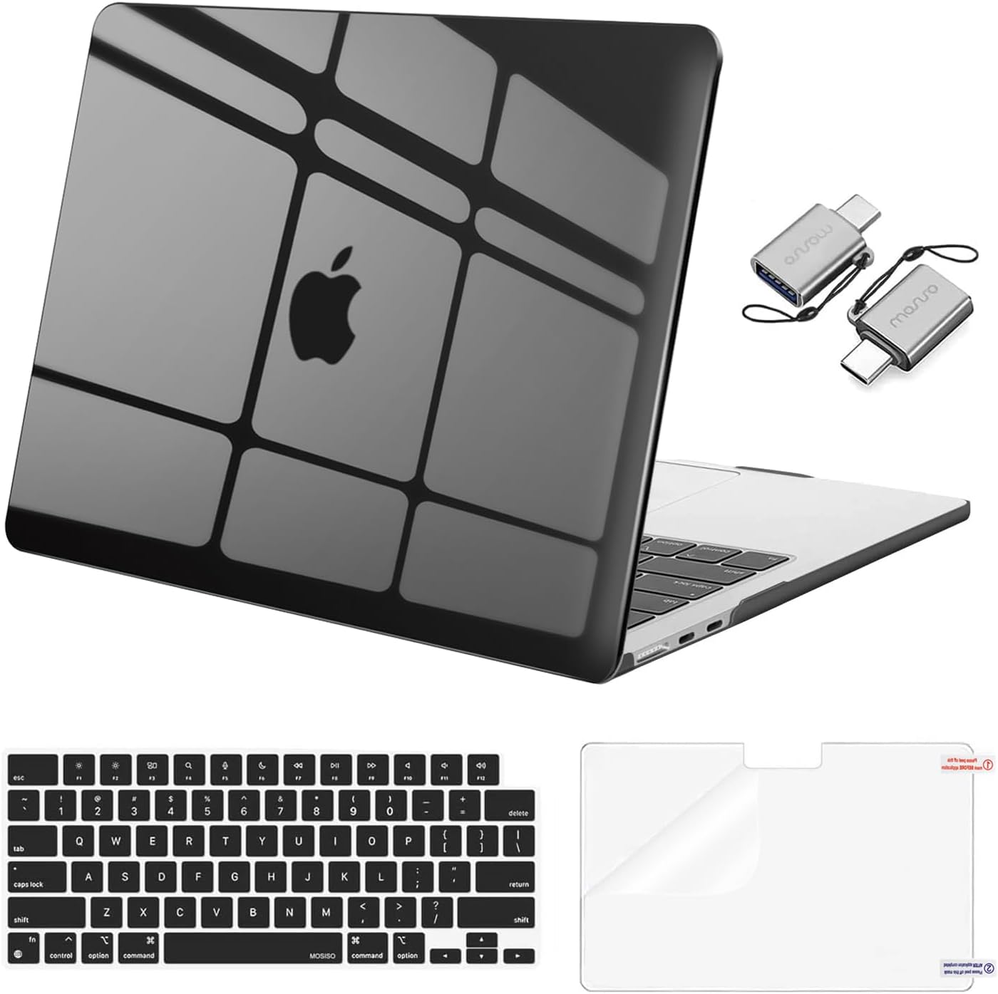 MOSISO Compatible with MacBook Air 13 inch Case 2025 2024 2023 2022 M4 A3240 M3 A3113 M2 A2681, Plastic Hard Shell&Keyboard Cover&Screen Film&Type C for MacBook Air 13.6 inch Case, Smoke Black