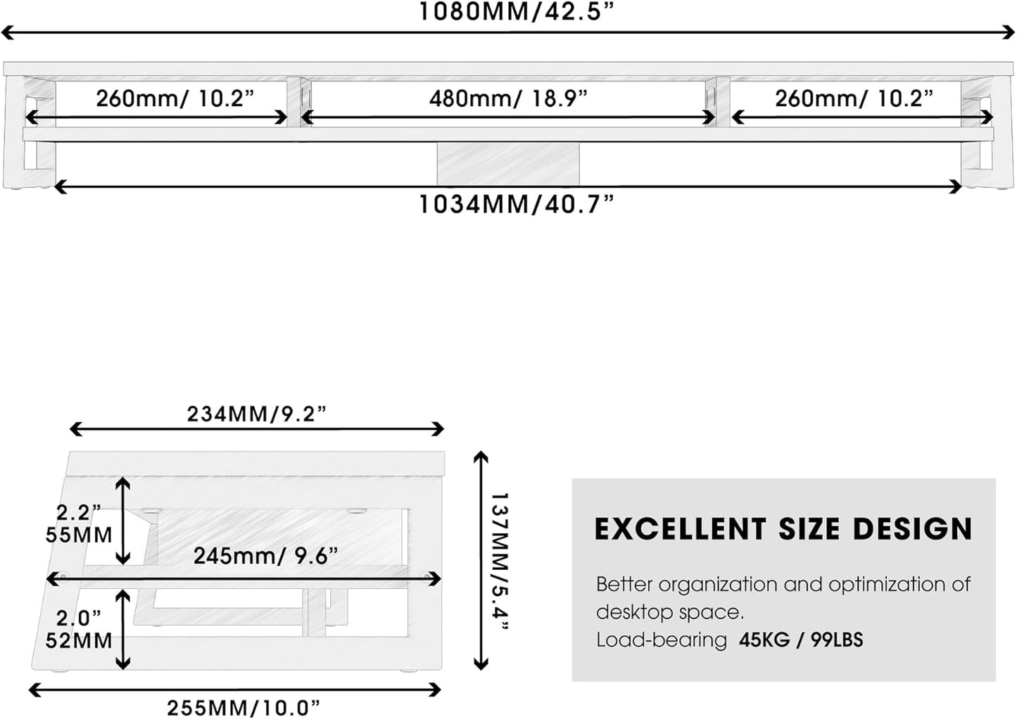 Fenge Dual Monitor Stand for Desk, 42.5in Large Monitor Riser for 2 Monitors, 2 Tier Computer Office Desk Top Shelf, Desktop Storage Stand for Laptop, PC, Computer, Printer