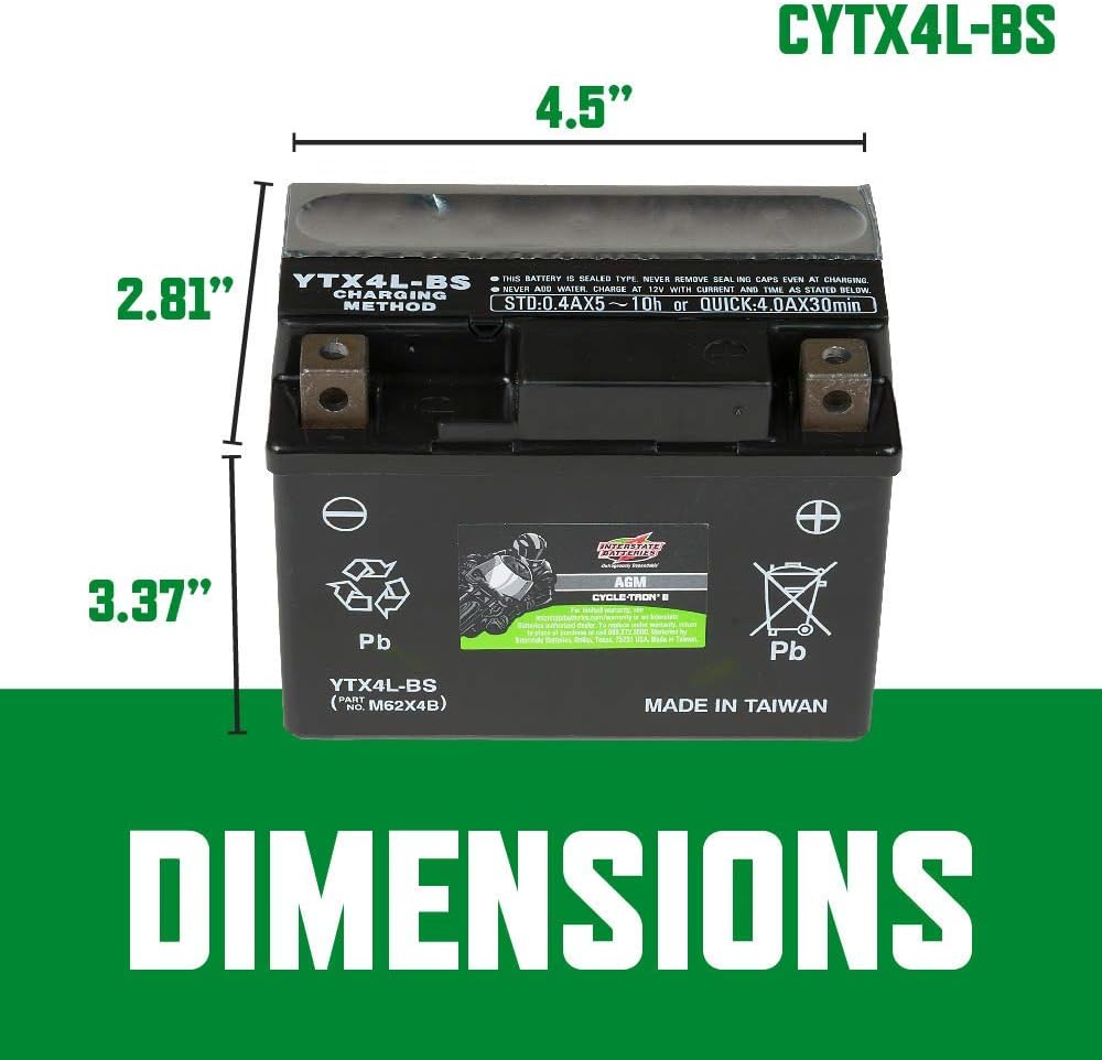 Interstate Batteries YTX4L-BS 12V 3Ah Powersports Battery 50CCA AGM Rechargeable Replacement for BRP, Honda, KTM Motorcycles, Scooters, ATVs (CYTX4L-BS/CITX4L-BS)