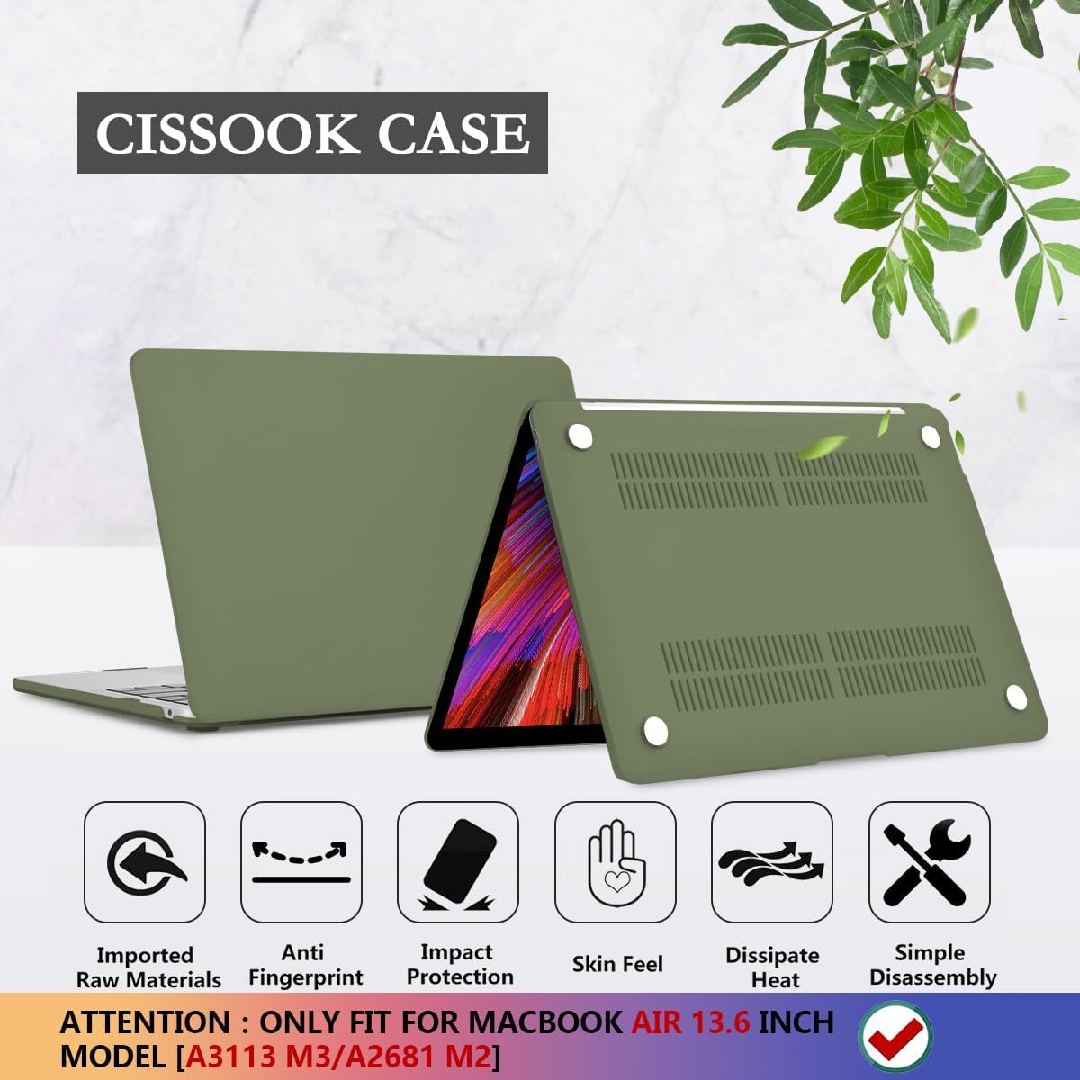 CISSOOK Compatible with MacBook Air 13.6 inch Case M4 A3240 M3 A3113 M2 A2681, Hard Shell Case with Keyboard Cover USB Adapter for MacBook Air 13.6 inch 2022-2025, Avocado Green