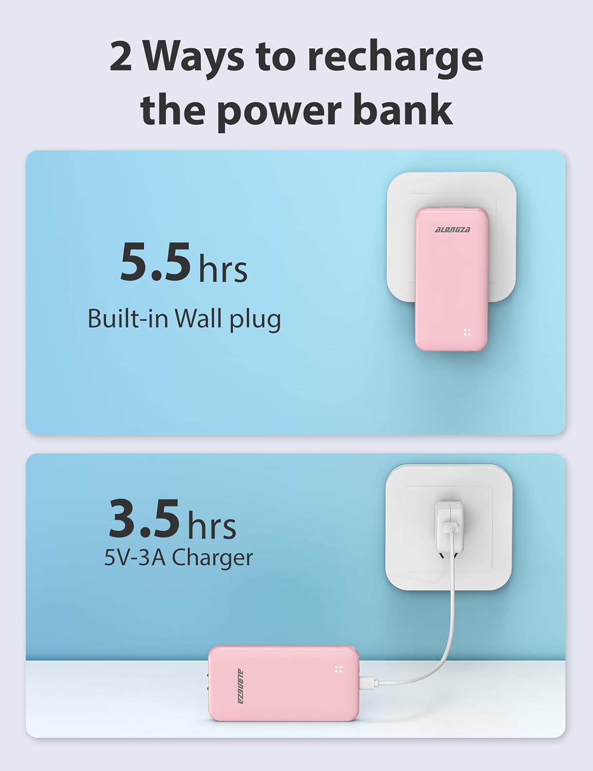 Alongza Portable Charger Built-in Cables and AC Wall Plug, Slim Fast Charging Power Bank 10000mAh, Lightweight USB C External Battery Pack Compact Travel Cell Phone Charger, 2 Pack Black & Pink