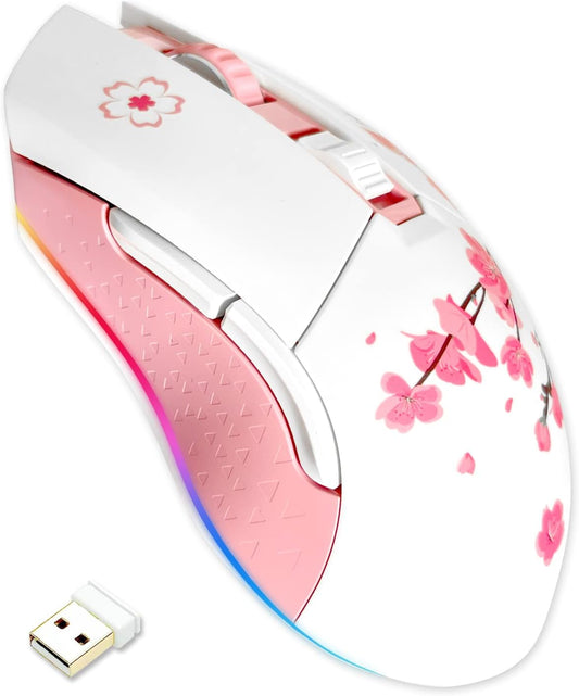 DAREU Sakura Pink Wireless Wired Gaming Mouse, Dual-Mode Rechargeable 6 Programmable Buttons,10K DPI,RGB and 7 Adjustable DPI Levels up to [150IPS] [1000Hz Polling Rate] for PC Notebook Mac