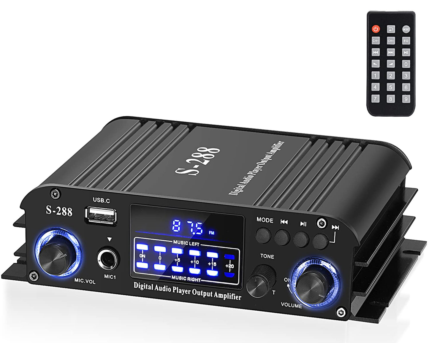 Facmogu S-288 4 CH Bluetooth 5.0 Home Audio Amplifier, RMS 45Wx4, Max 600W HiFi Stereo Power Amplifier USB, SD, FM Class D Speaker Amp for Home Theater Karaoke, with Power Adapter & Remote Control