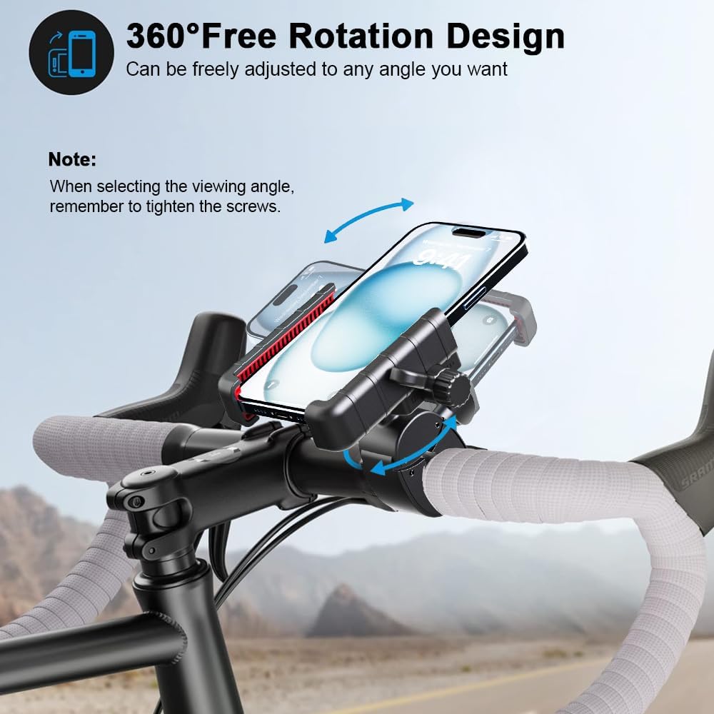 Universal Adjustable Bicycle Phone Holder Compatible with iPhone 15/14/13/12 Pro Max, Samsung Galaxy S23/S22 Ultra, Secure 360° Rotation Cycling Accessories for Road Mountain Bikes