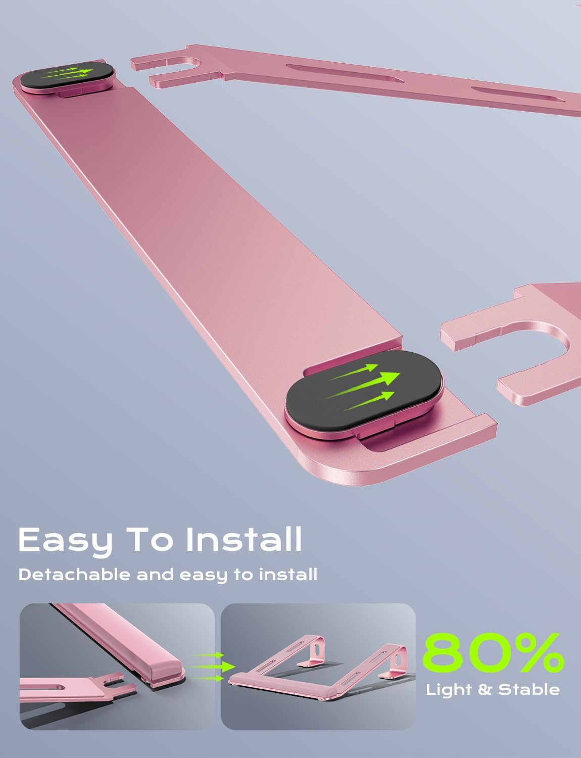 Aluminum Laptop Stand, Notebook Stand with Wrist Rest, Ergonomic Detachable Laptop Mount, Computer Stand Compatible with 10-17'' All Laptops Such as MacBook Air Pro/HP/Dell/Lenovo, Pink