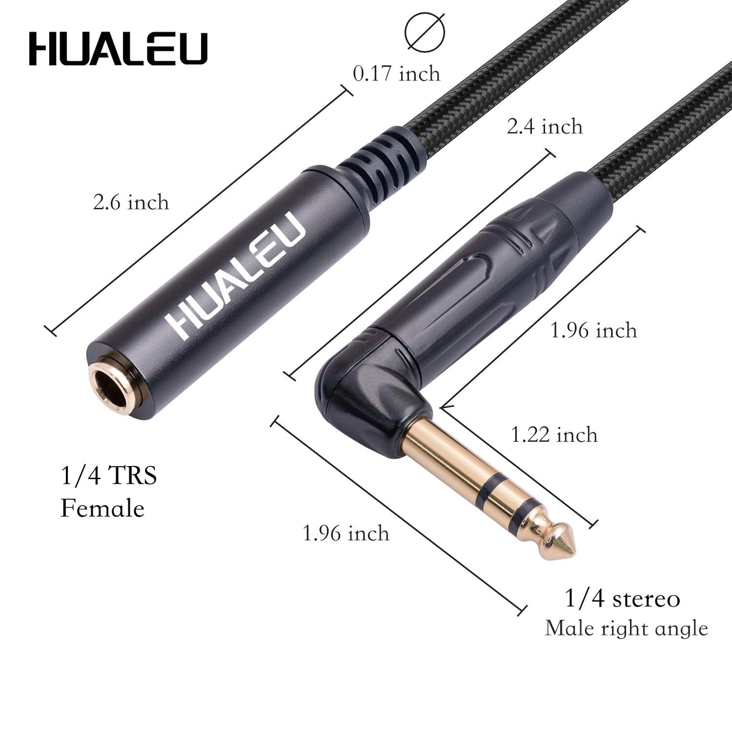 HUAELU 2Pack 3.3FT Right Angle 6.35mm TRS Stereo Male to Female Audio Cable,Right Angle 1/4 TRS Male to Female Stereo Headphone Guitar Extension Cable Cord for Amplifiers,Headphone