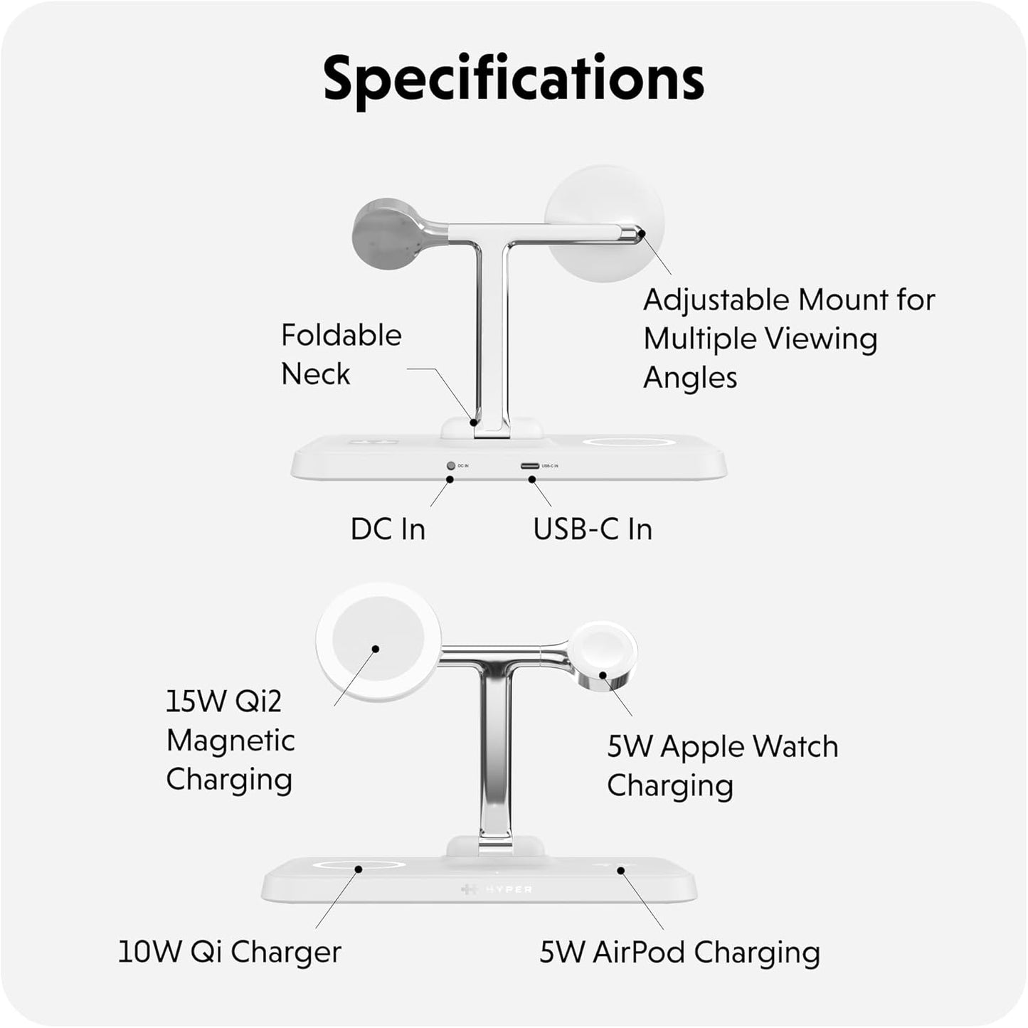 HyperJuice 4-in-1 Wireless Charger Qi2 Magnetic Stand — Fast Wireless Charger for iPhone, Apple Watch, Airpods & Any Qi-Compatible Device — Compact, Adjustable, and Foldable Qi2