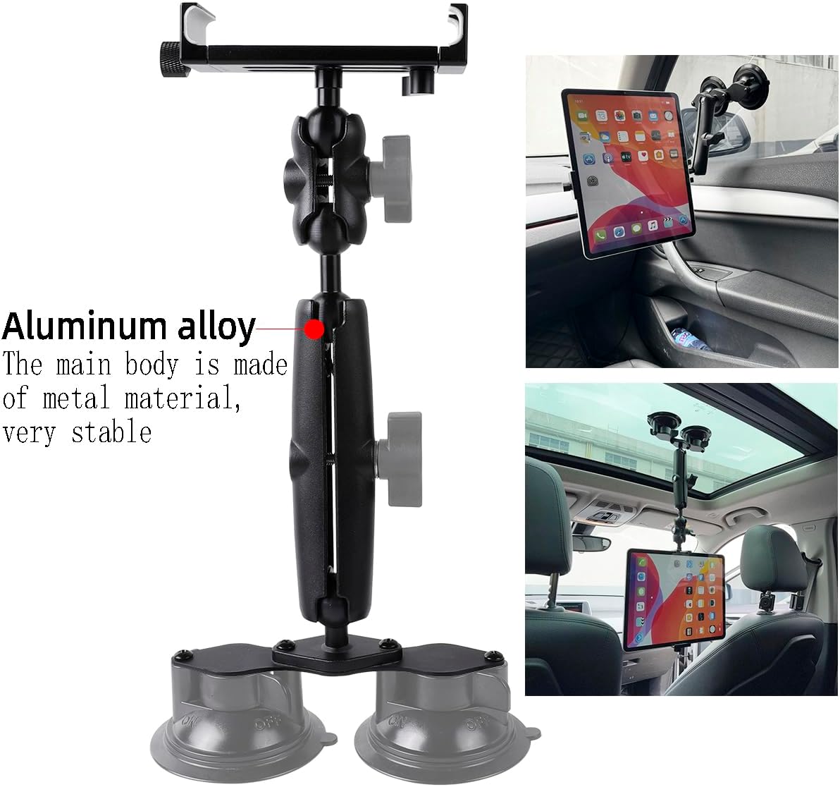 Aluminum Tablet Holder for All iPad, 360° adjustable Secure Double Suction Cup Mount for Car Truck Windshield,Sunroof, Compatible with iPad Pro 12.9 Mini Air, Galaxy Tabs and 4.7-15" Tablets