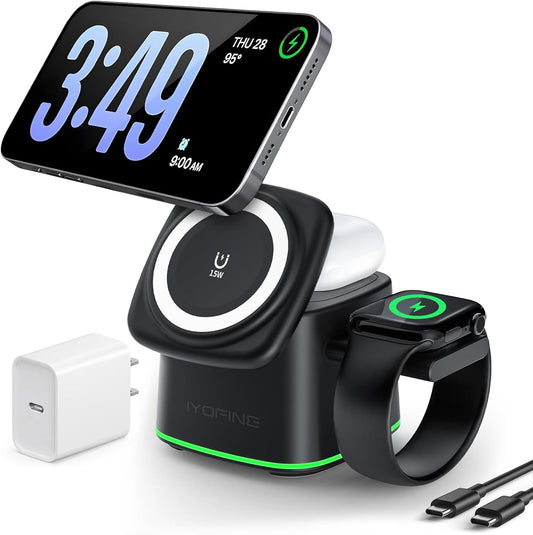 3 in 1 Charging Station for Apple Devices, Charger Stand for MagSafe, Qi2 15W Wireless Charging Station for Apple Watch& iPhone & AirPods& iWatch (with PD 30W Adapter)